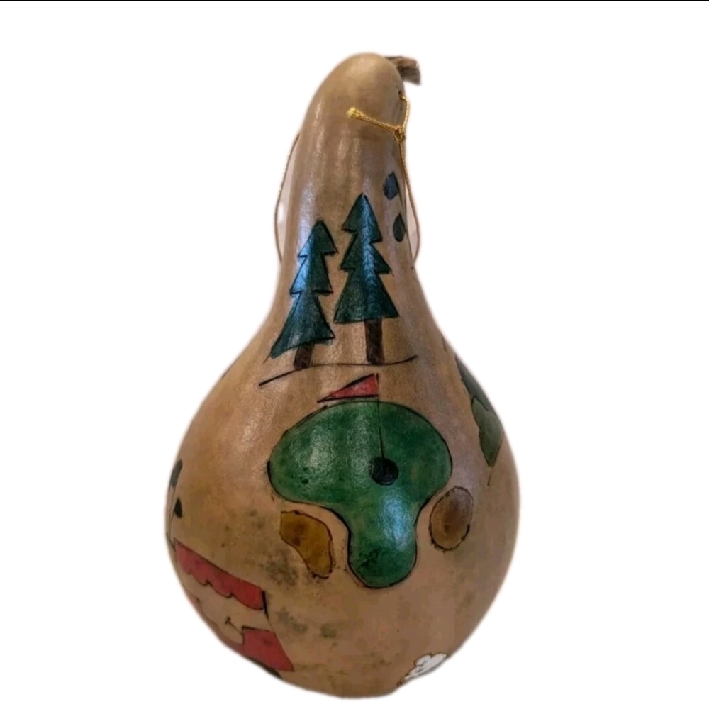 Vtg Hand Painted Gourd Ornament Retro Golf Theme Golfing Cart Etched Golf Course